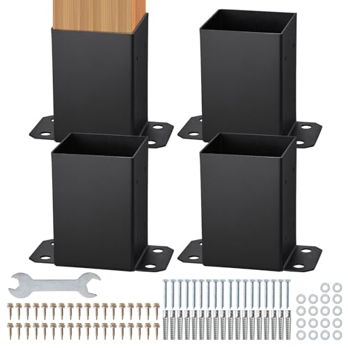 VEVOR 4x4 Post Bracket, 4PC Post Base Brackets, Inner Size 3.6"x3.6" Heavy Duty Powder-Coated Post Anchor Matte Black Wood Post Brackets for Pavilion Deck Railing Support Deck Base Plate - size: 4x4 4pc