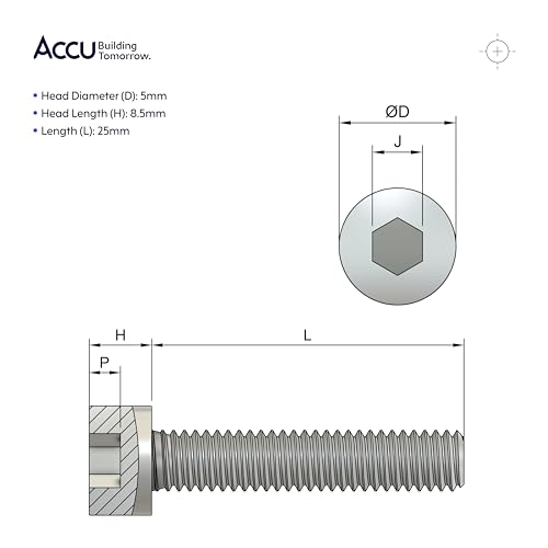 Accu - M5 x 25mm Full Thread Cap Head Screws (DIN 912) - Stainless Steel (A2) (Pack of 20) - color: Stainless Steel (A2), size: M5 x 25mm