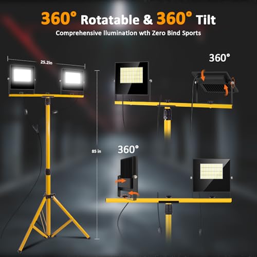 24000 Lumen LED Work Lights with Stand, Floodlight Work Light 2 Adjustable Head Work Light with 16FT IP67 Waterproof Tripod Work Light Stand for Construction Lighting - style: 24000LM with stand