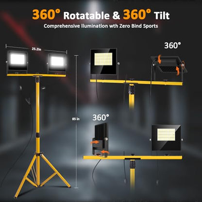 24000 Lumen LED Work Lights with Stand, Floodlight Work Light 2 Adjustable Head Work Light with 16FT IP67 Waterproof Tripod Work Light Stand for Construction Lighting - style: 24000LM with stand