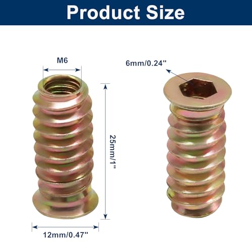 Piutouyar 20 Pcs M6x25mm Threaded Inserts Nuts for Wood - size: M6x25mm