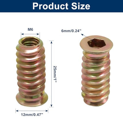 Piutouyar 20 Pcs M6x25mm Threaded Inserts Nuts for Wood - size: M6x25mm