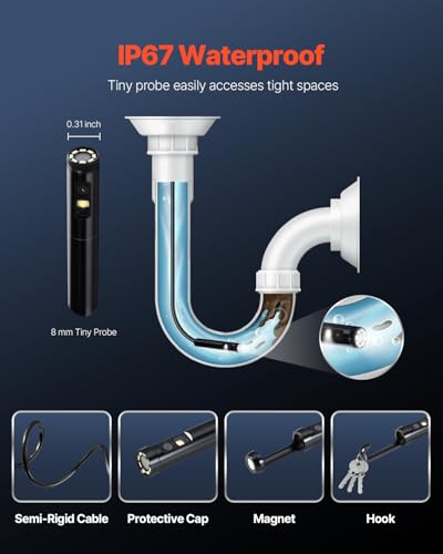 VEVOR Endoscope Camera with Light, Dual Lens Borescope for Android & iOS, 1920P HD Inspection Camera with 8 + 1 LED Light, 2X Zoom, 16.4FT Snake Cable, IP67 Waterproof Snake Camera for Auto, Plumbing - size: 16.4FT