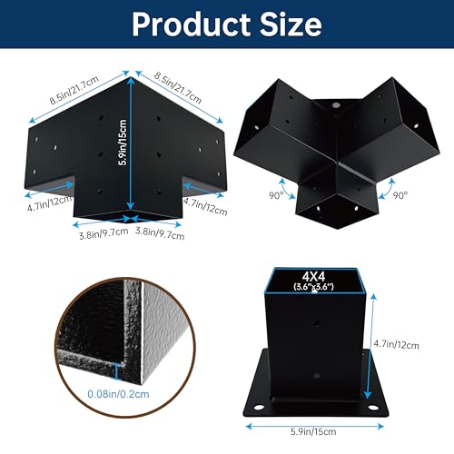 Pergola Bracket Kit 4x4, 4pcs 3-Way Right Angle Corner Bracket and 4pcs Base, Heavy Duty Corner Bracket DIY Shed Kit, for Gazebo, Pergolas, Wood Stand Sheds, Metal Gazebo Kits, with Screws - size: 4x4 Corner 4pcs + Base 4pcs