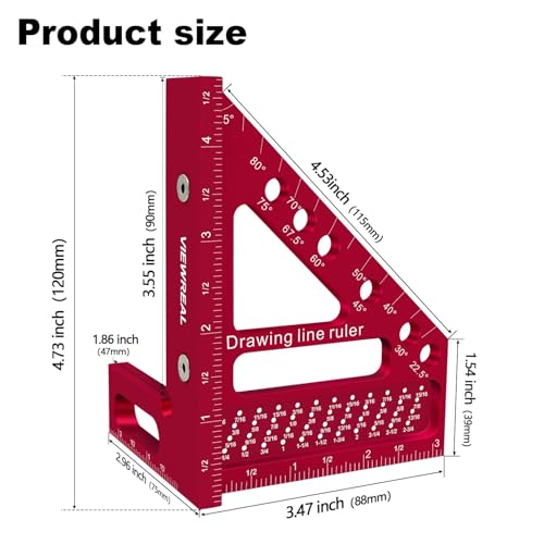 Premium Carpenter Square Hole Scribing Ruler Woodworking Square 22.5-90 Degree Measuring Ruler with Angle Pin,Versatile Multi Angle Square for Woodworking, Engineering, and Construction - color: Red