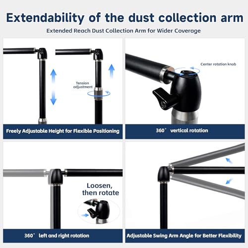 Dust collection boom arm, Adjustable Clamp Mount Hose Holder with 360° Rotatable Swivel Head & Two 40cm Extension Arms for CNC Lathe Woodworking Table Saw Router Table Dust Collection System