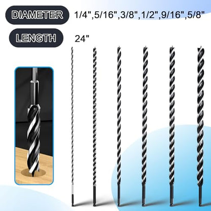 6PCS Auger Drill Bit Hex Shank 24" Long (1/4",5/16",3/8",1/2",9/16",5/8") - size: 1/4 in