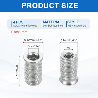 MECCANIXITY 4Pcs Threaded Inserts Nuts, M6x20mm Hex Socket Drive Nut Inserts for Wood - 304 Stainless Steel Screws Furniture Screw in Nuts Bolt Fastener Connector Wood - size: M6x20mm