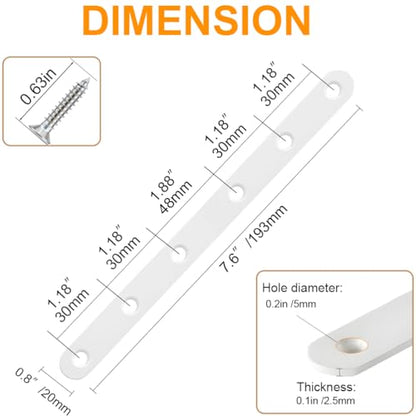 4 Pack White Straight Brackets, 8 Inch Stainless Steel Flat Brace Mending Plates, Heavy Duty Repair Brackets for Wood Furniture with Screws - size: 4 Pcs/ 8” x 0.8”