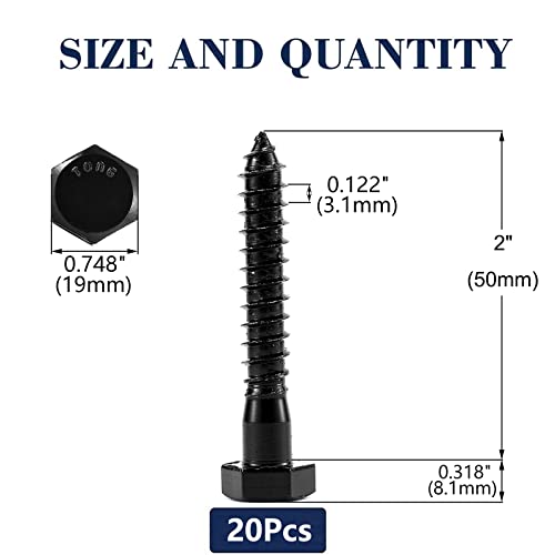 1/2" x 2" Hex Head Lag Screws Bolts 20Pcs 304 Stainless Steel 18-8, Partial Thread, Hexagon Head Wood Screws by Black Oxide by SG TZH - size: 1/2" x 2"