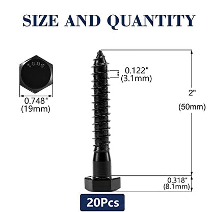 1/2" x 2" Hex Head Lag Screws Bolts 20Pcs 304 Stainless Steel 18-8, Partial Thread, Hexagon Head Wood Screws by Black Oxide by SG TZH - size: 1/2" x 2"
