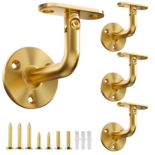 304 Stainless Steel Handrail Brackets for Indoor Stairs, 270° Adjustable Railing Bracket, Heavy Duty Wall Mount for Square & Flat Rail (Gold, 4 Pack) - style: Gold - 4 Pack