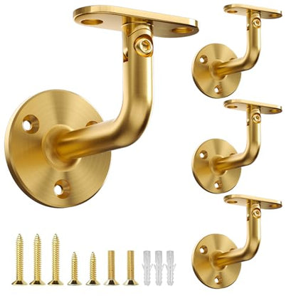 304 Stainless Steel Handrail Brackets for Indoor Stairs, 270° Adjustable Railing Bracket, Heavy Duty Wall Mount for Square & Flat Rail (Gold, 4 Pack) - style: Gold - 4 Pack