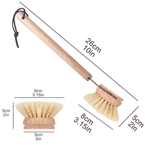 AMERWASH PLUS Dish Brush with Wooden Handle, Natural Kitchen Brush for Dishes Vegetable, Pots and Pans, Tampico Fiber Bristles Scrubber, Extra 3 Pack Replacement Head Included