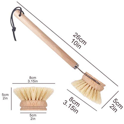 AMERWASH PLUS Dish Brush with Wooden Handle, Natural Kitchen Brush for Dishes Vegetable, Pots and Pans, Tampico Fiber Bristles Scrubber, Extra 3 Pack Replacement Head Included