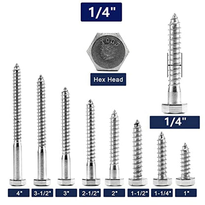 1/4" x 4" Hex Head Lag Screws Bolts 10Pcs 304 Stainless Steel 18-8, Partial Thread, Hexagon Head Wood Screws by SG TZH - size: 1/4-20 x 4"