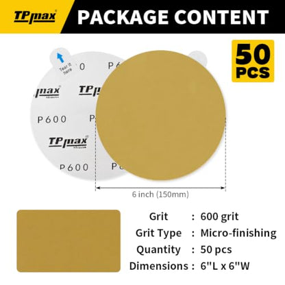 TPmax 6-Inch 600-Grit Gold PSA Sanding Discs, 50 Pack – Pro-Grade Self-Adhesive Stickyback Sandpaper with Quick-Release Tabs for DA Sander, Micro-Finishing Automotive/Wood/Metal Sanding - style: 600 Grit