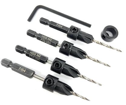 FTG USA 4 Pc #4 (7/64") Tapered Countersink Drill Bit Set with 1 Stop - size: #4, style: Same Sort 4 Pc