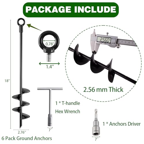 Fabulas Ground Anchors Screw in, 18 Inch Heavy Duty Swing Set Ground Anchor Kit 6 Pack, Spiral Earth Trampoline Stakes High Wind Metal Auger Stakes for Dog Sheds Tent Carports Camping