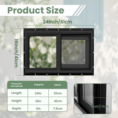 Vinyl Basement Window, Bathroom Sliding Window 24" x 16" Black - size: 24x16 IN