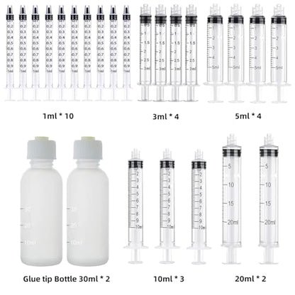 25 Pack 1ml, 3ml, 5ml, 10ml, 20ml Glue Dispenser, 30ml Glue Bottle, 14ga, 16ga, 18ga, 20ga, 22ga Dispensing Accessories and Caps, Measuring and Refilling - size: 25 Pack With Glue Bottle