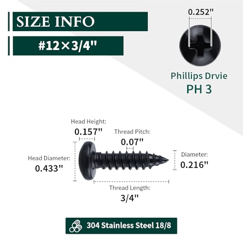 #12 x 3/4" Phillips Pan Head Sheet Metal Screws, 304 Stainless Steel 18-8, Black Coated, Corrosion Resistant Pan Head Self Tapping Screws for Wood, Sheet Metal, 50 PCS - size: #12 x 3/4"