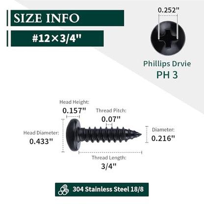 #12 x 3/4" Phillips Pan Head Sheet Metal Screws, 304 Stainless Steel 18-8, Black Coated, Corrosion Resistant Pan Head Self Tapping Screws for Wood, Sheet Metal, 50 PCS - size: #12 x 3/4"