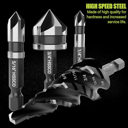 5 Pcs Four Spiral Flute Step Drill Bit Set, 6 Pcs Countersink Drill Bits - size: HSS 11 Pieces (5 Step + 6 Countersink)