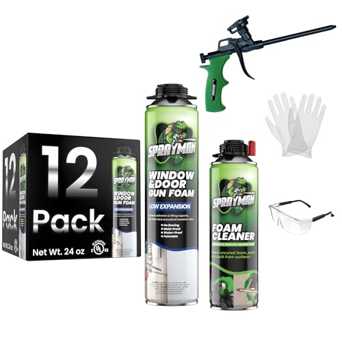 Sprayman Window & Door Expanding Spray Foam - (12x24oz) Low Expansion Polyurethane Spray Foam for Doors, Windows & Walls, Gun Use & Reuseable, Gun&Cleaner Included - 12 Pack - size: 12 Pack, style: Set