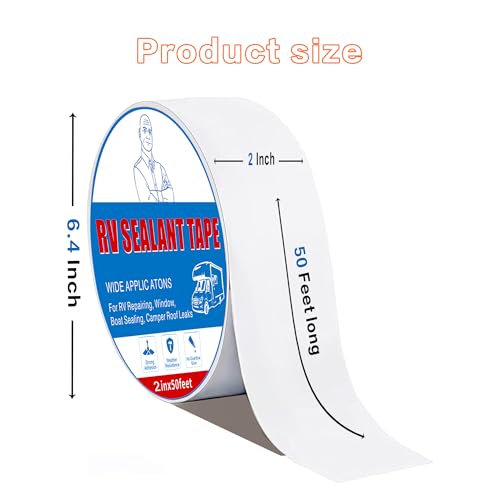 Rv Roof Tape White 2 Inch X 50 Feet, Waterproof Repair Sealant Tape UV-Resistant & Weatherproof Rv Awning Repair Tape for Window, Vent, Boat Sealing, Truck Camper Roof Patch kit Metal Roof Sealant - style: 2in*50ft