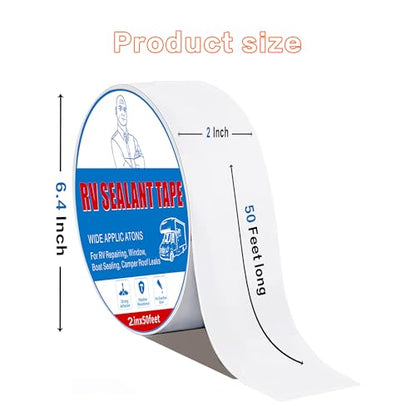 Rv Roof Tape White 2 Inch X 50 Feet, Waterproof Repair Sealant Tape UV-Resistant & Weatherproof Rv Awning Repair Tape for Window, Vent, Boat Sealing, Truck Camper Roof Patch kit Metal Roof Sealant - style: 2in*50ft