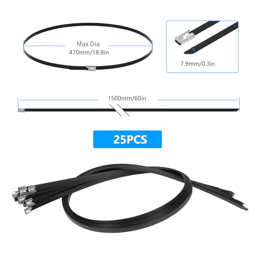 Armpow Metal Zip Ties Black 60 inch 408LB 25pcs Heavy Duty 304 Stainless Steel Epoxy Coated Locking Cable Exhaust Wrap Multi Purpose Binding for Machinery, Vehicles, Farms, Cables, Pipes,Fence - size: 60 inch