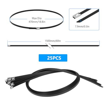 Armpow Metal Zip Ties Black 60 inch 408LB 25pcs Heavy Duty 304 Stainless Steel Epoxy Coated Locking Cable Exhaust Wrap Multi Purpose Binding for Machinery, Vehicles, Farms, Cables, Pipes,Fence - size: 60 inch