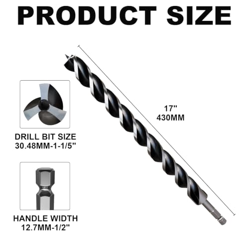 1-1/5"×17" Professional Auger Drill Bit for Wood with Quick Change 1/2" Hex Shank- 3-Cutter Design with Dual-Flute for Fast Chip Removal, Fits Hardwood, Softwood, PVC, Drywall & Tree Stumps - size: 1-1/5"×17"