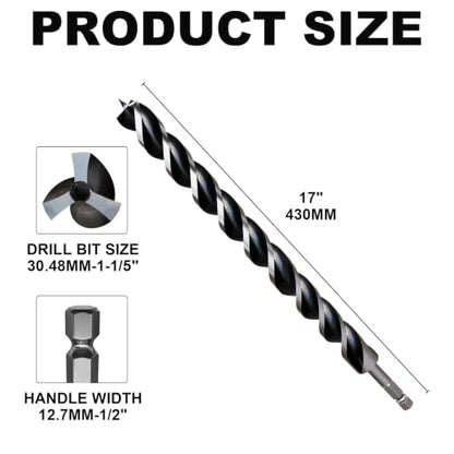 1-1/5"×17" Professional Auger Drill Bit for Wood with Quick Change 1/2" Hex Shank- 3-Cutter Design with Dual-Flute for Fast Chip Removal, Fits Hardwood, Softwood, PVC, Drywall & Tree Stumps - size: 1-1/5"×17"