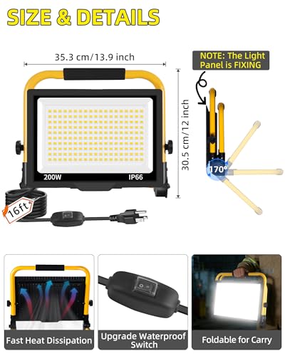 24000LM Work Light with 16FT Cord & Switch, IP66 for Construction Job Site - size: 200W-1P