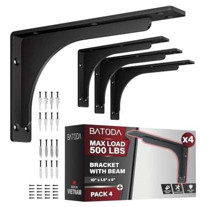 BATODA 10" x 6" L Bracket with Beam, Brackets for Floating Shelves Pack 4 - size: 10 Inch