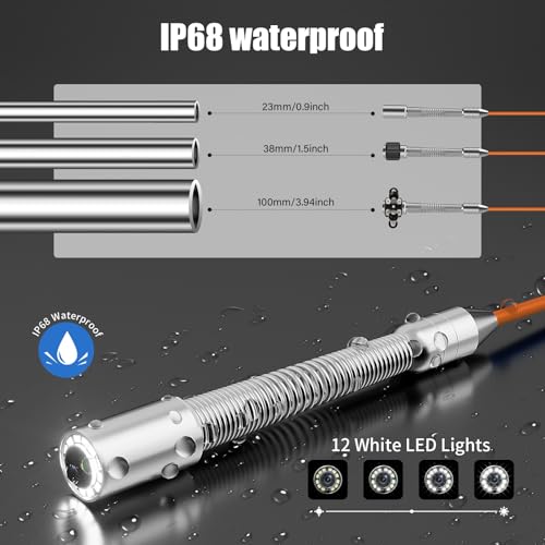 Sewer Camera, 100 ft/30 m, 4.3" Pipe Drain Inspection Camera with DVR Function and 12 Pcs LED Lights, IP68 Waterproof 23 mm Industrial Endoscope, Meter Marker, Included 32GB Card - size: 100 ft/30 m/23 mm With DVR