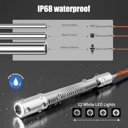 Sewer Camera, 100 ft/30 m, 4.3" Pipe Drain Inspection Camera with DVR Function and 12 Pcs LED Lights, IP68 Waterproof 23 mm Industrial Endoscope, Meter Marker, Included 32GB Card - size: 100 ft/30 m/23 mm With DVR