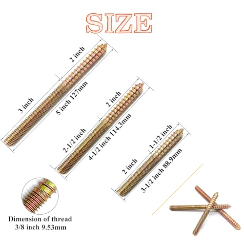 9 Pack 3/8-16" Hanger Bolts 3Sizes Long Double Headed Bolts Wood Dowel Screw Self-Tapping Screw Hanger Bolts for Wood Furniture Screws Double Threaded Rods Bolt - size: 3 Size 3/8-16"-9P