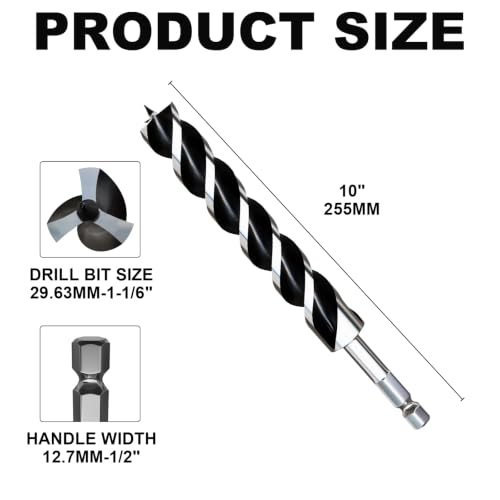 1-1/6"×10" Professional Auger Drill Bit for Wood with Quick Change 1/2" Hex Shank- 3-Cutter Design with Dual-Flute for Fast Chip Removal, Fits Hardwood, Softwood, PVC, Drywall & Tree Stumps - size: 1-1/6"×10"