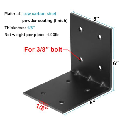 4 PCS Black L Bracket for Wood, Heavy Duty 1/8" Thick, 6"x6"x5" - size: 6"x6"x5"