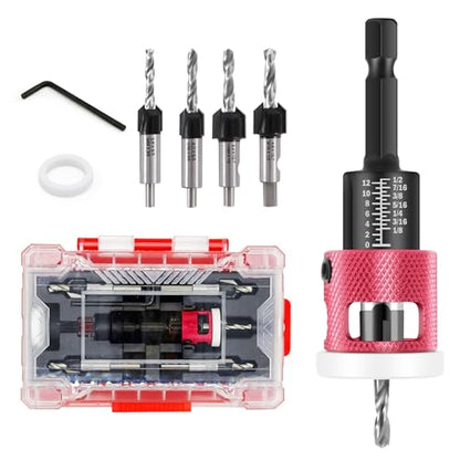 Countersink Drill Bit Set - 5 Pcs Countersink Drill Bit with Low Friction Depth Stop, HSS M2 Tapered Bits, Carbide Drill Bits 1/4” Hex Shank for Woodworking Tools - color: red