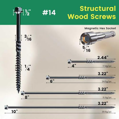 #14 x 10 Wood Structural Screws 50 Pcs, Exterior Hex-Head Lag Screws, Black Heavy Duty Construction Timber Log Landscaping Wood Screws, Hex Socket Included - size: #14 x 10"