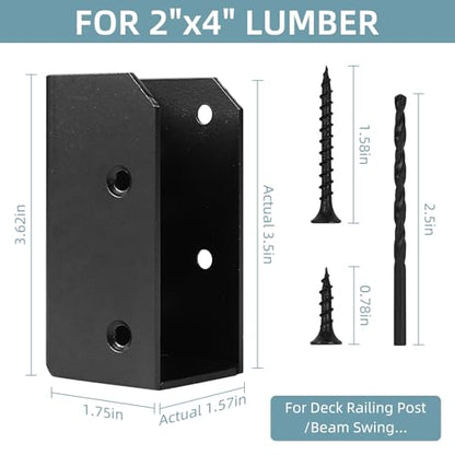 Deck Railing Brackets Connectors, 2x4 Brackets (Actual 1.5"x3.5") for Fence Railing Handrail Stair Wood Lumber Post with Screws, Black (Parallel,12 Pcs)