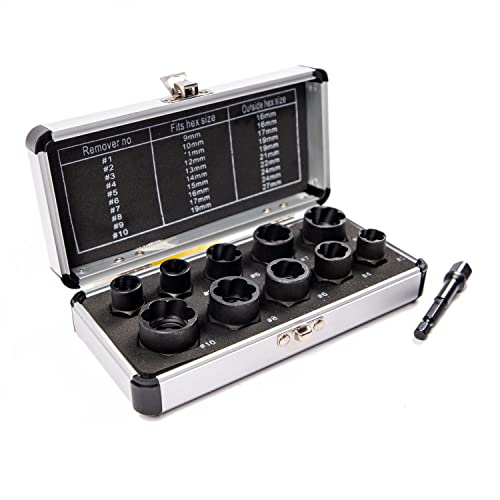 10Pcs Bolt Extractor Damaged Nut Remover Set,Broken Screw Nut Bolt Extractor Kit Stud Extractor Locking Socket Tools Kit,Drive Socket with Storage Case 9-19mm