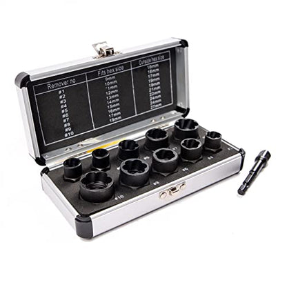 10Pcs Bolt Extractor Damaged Nut Remover Set,Broken Screw Nut Bolt Extractor Kit Stud Extractor Locking Socket Tools Kit,Drive Socket with Storage Case 9-19mm