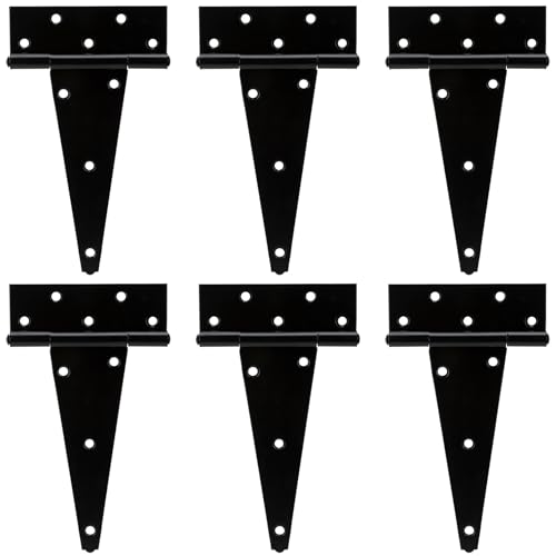 HILLMASTER 8 Inch T-Strap Heavy Duty Shed Door Hinges Gate Strap Hinges Black Tee Hinge Wrought Hardware for Wooden Fences,Yard,Barn Door,Rustproof (6 Pack) - size: 8in 6Pack