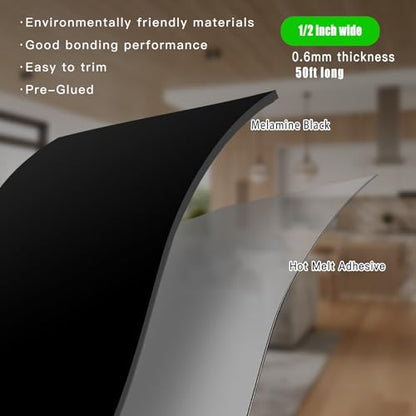 YANYE Black Edge Banding, 1/2 inch x 50ft roll of Wood Veneer Melamine Edge Banding Preglued, Tape Banding for Cabinet Repair Furniture - color: Black, size: 1/2"x 50ft