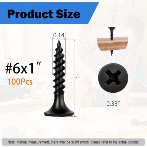 100Pcs Self-Tapping Black Wood Screws with Driver Bit, #6 x 1 - size: #6x1"
